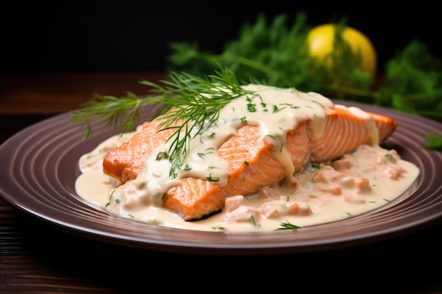 Fried salmon in a creamy sauce with herbs on a dark background