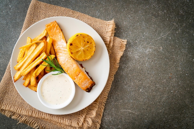 Fried salmon fish and chips