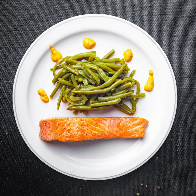 fried salmon and green beans fresh healthy meal food snack diet on the table copy space food