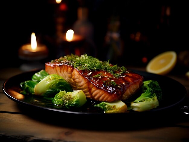 Photo fried salmon steak with lemon and steamed pak choi