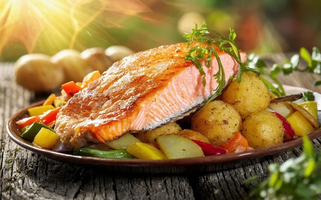 Fried salmon steak with potatoes and vegetables on wooden table