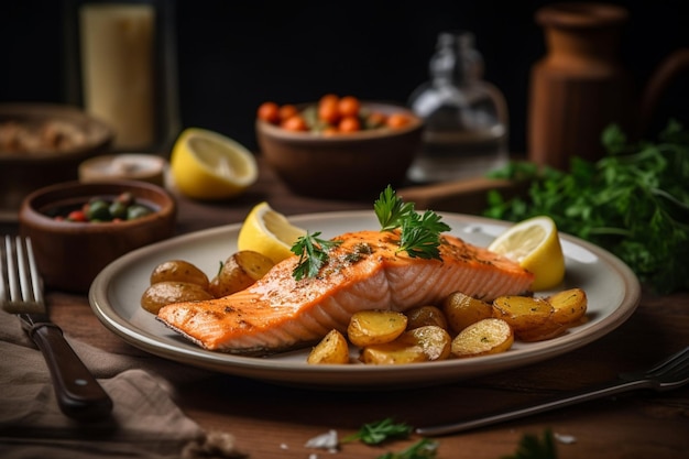 Fried salmon steak with potatoes and vegetables on wooden table