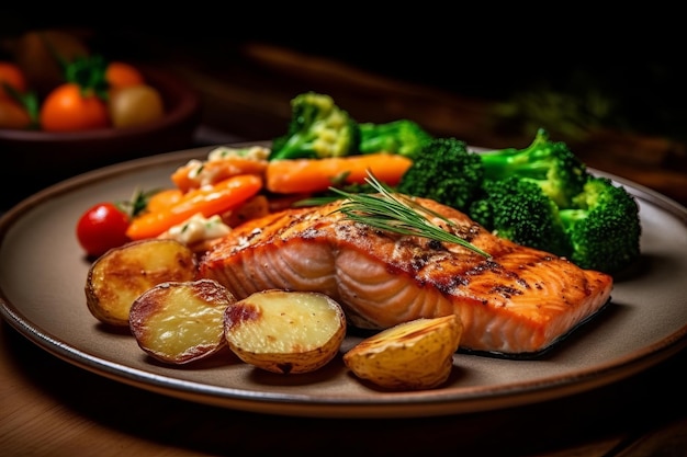 Fried salmon steak with potatoes and vegetables on wooden table