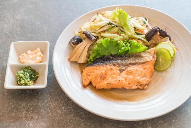 fried salmon steak with vegetable