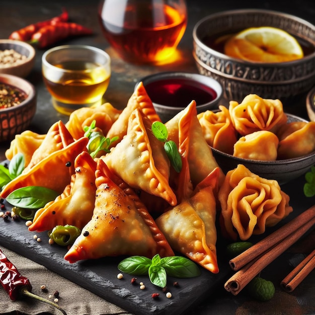 Fried samosas with vegetable filling popular Indian snacks on wooden board