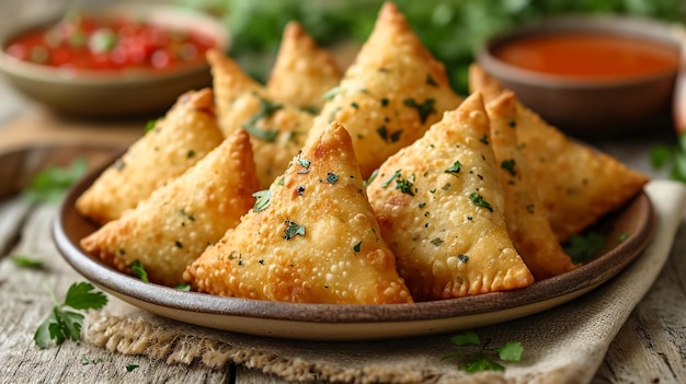 Fried samosas with vegetable filling popular Indian snacks on wooden board
