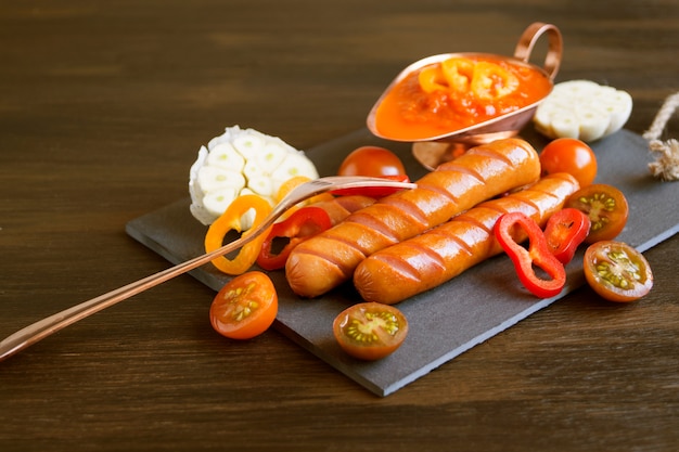 Fried sausage on a black stone Board.