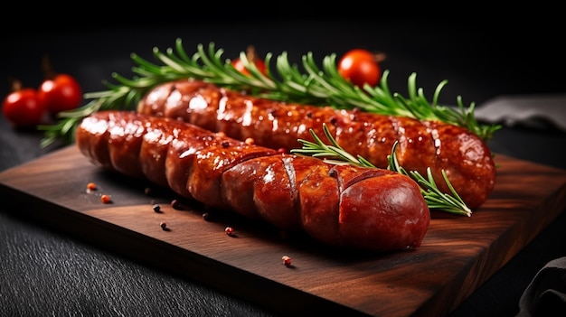 Photo fried sausages closeup on a black board