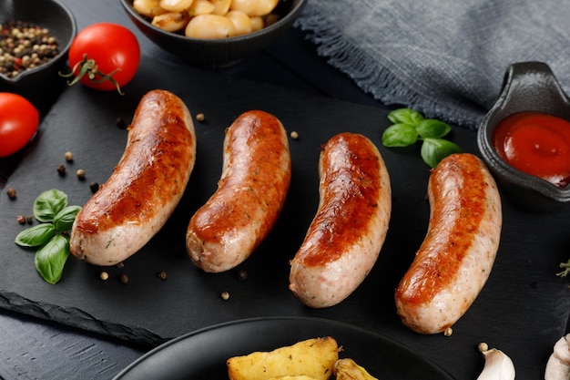 Жареные сосиски в ресторане Вкусное и сытное мясное блюдо