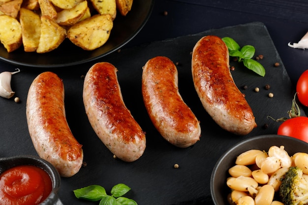 Жареные сосиски в ресторане Вкусное и сытное мясное блюдо