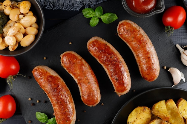 Fried sausages in a restaurant Tasty and hearty meat dish