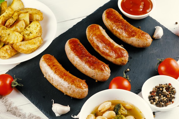 Fried sausages in a restaurant Tasty and hearty meat dish