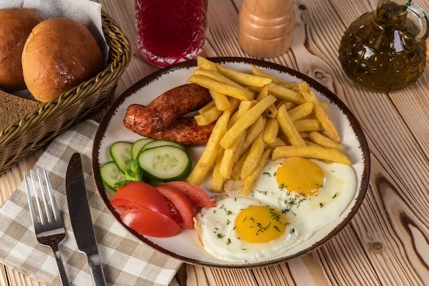 Fried sausages with fries, fried eggs and vegetables on a rustic background