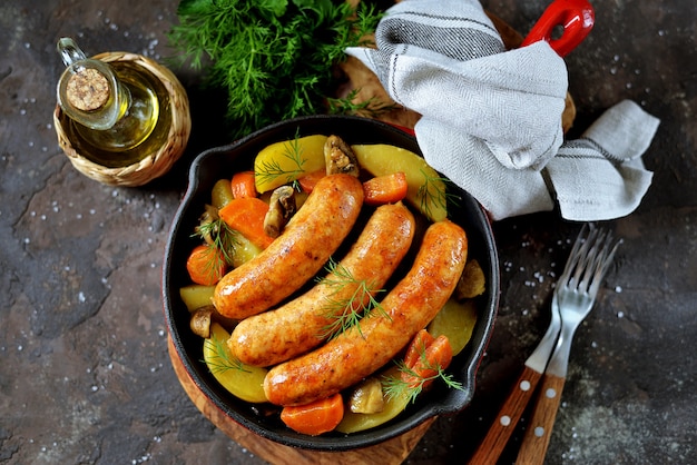 Fried sausages with potatoes, mushrooms and onions in a pan