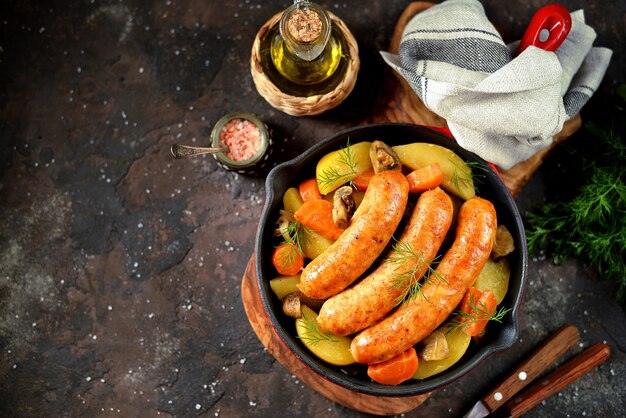 Fried sausages with potatoes, mushrooms and onions in a pan