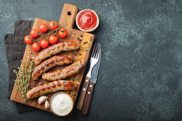 Fried sausages with sauces and herbs on a wooden serving board