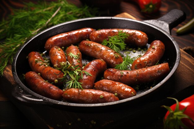 Photo fried sausages with spices and herbs focused on selectivity