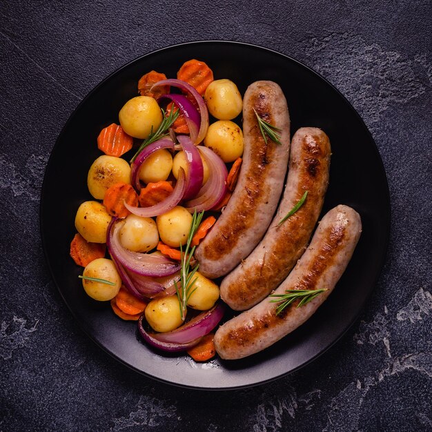 Fried sausages with vegetables