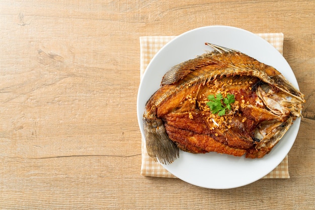 Photo fried sea bass fish with garlic on plate