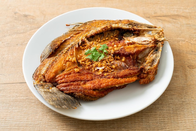 Fried Sea Bass Fish with Garlic on plate