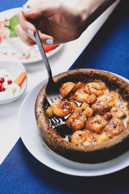 fried seafood shrimps with butter sauce