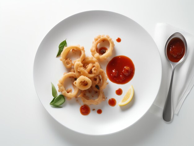 Fried shrimp and hot tomato sauce on white plate