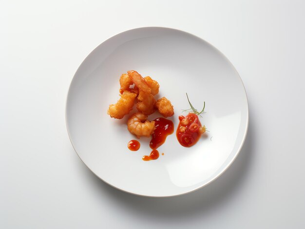 Fried shrimp and hot tomato sauce on white plate