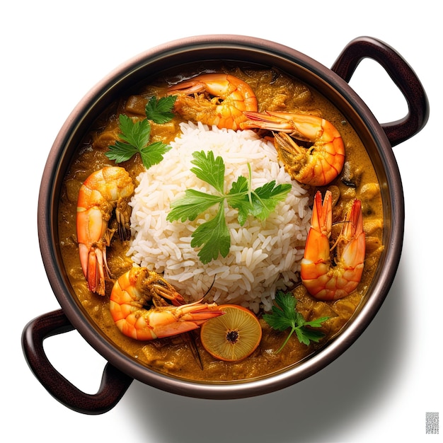 fried shrimp and red curry paste with rice in a black bowl on wood table Thai food made