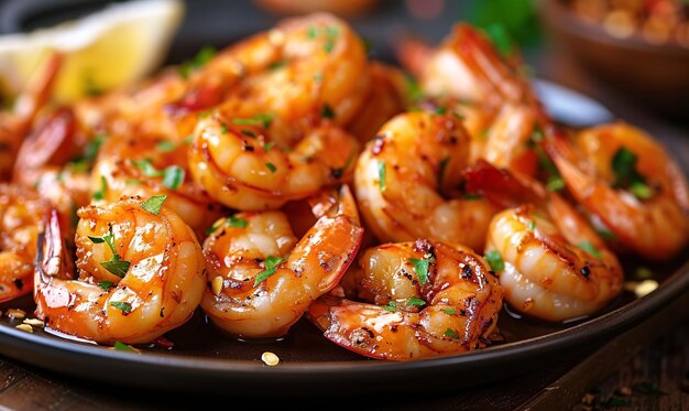 fried shrimp with garlic closeup