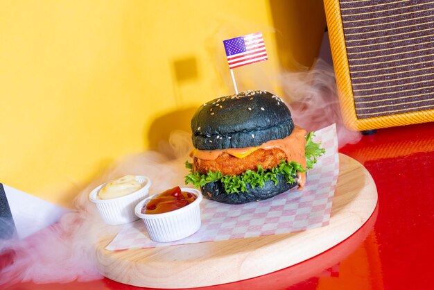 Fried shrimps burger on wood tray