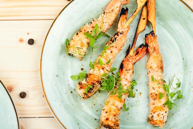 Fried shrimps or prawns skewers