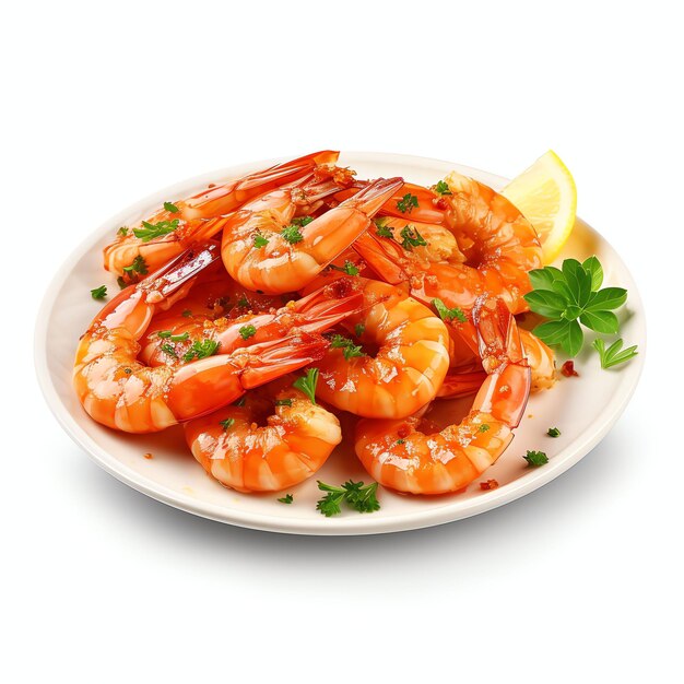 a Fried shrimps or prawns with garlic on white plate studio light isolated on white background