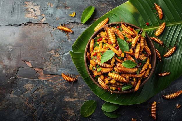 Fried silkworm or mealworm larvae in a wooden plate served with a green banana leaf an alternative