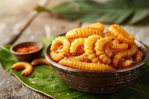 Photo fried silkworm or mealworm larvae in a wooden plate served with a green banana leaf an alternative