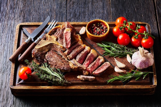 Fried sliced porterhouse steak on a wooden board