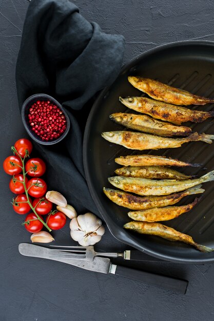 Fried smelt in a pan. 