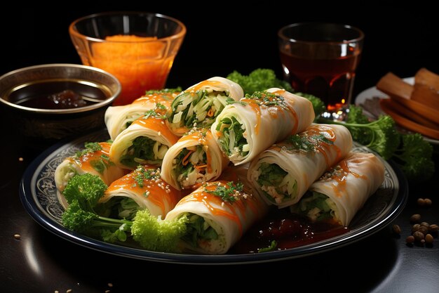 Fried spring rolls with sweet chili sauce and lime on plate