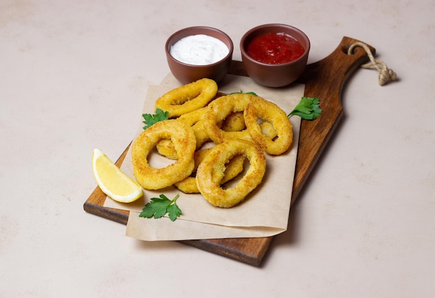 Fried squid rings with two sauces, lemon and herbs. Fast food. Appetizer.