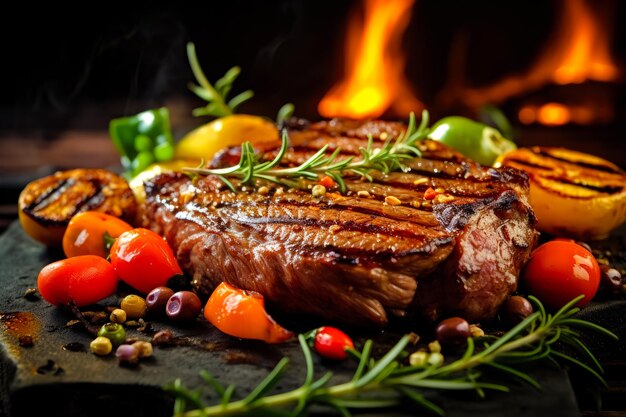 Photo fried steak on the grill lies on a stone board with vegetables gourmet food generative ai