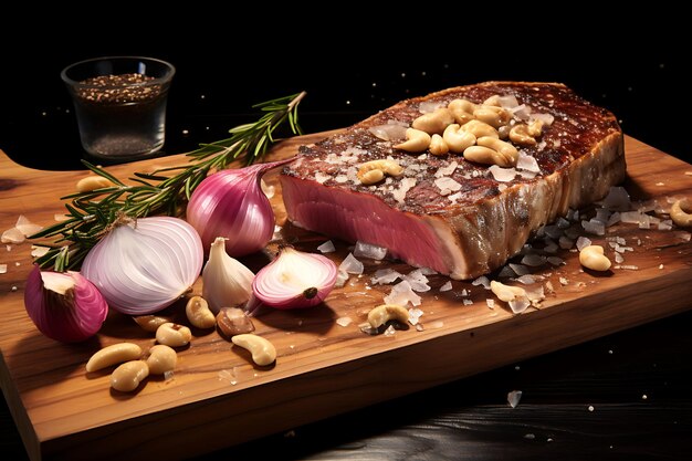 Photo fried steak pieces on a wooden board and garlic