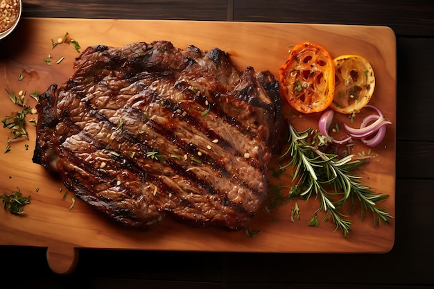 Fried steak on wooden board top view