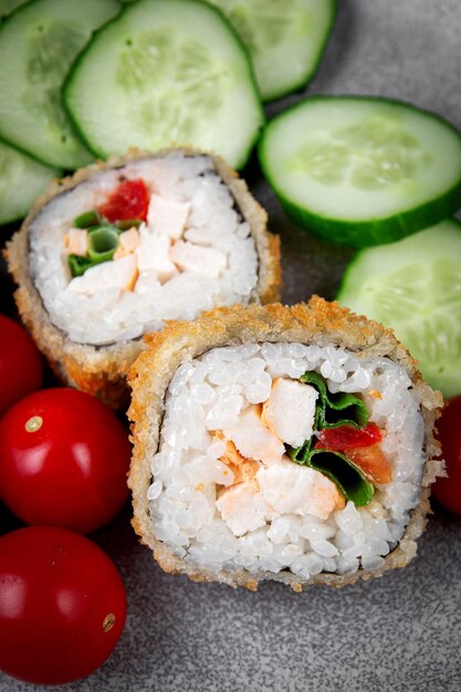 Fried sushi rolls with rice chicken and herbs