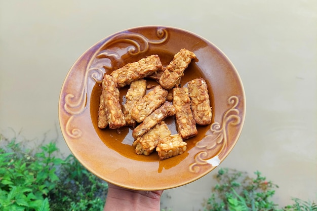 Fried tempe on a brown glass plate with a rice field background