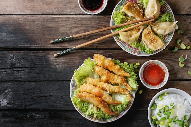 Fried tempura shrimps with sauces