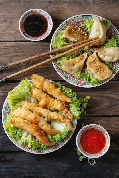 Fried tempura shrimps with sauces