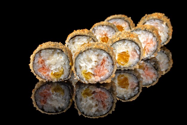 Fried tempura sushi rolls set close up selective focus Japanese traditional food restaurant menu background