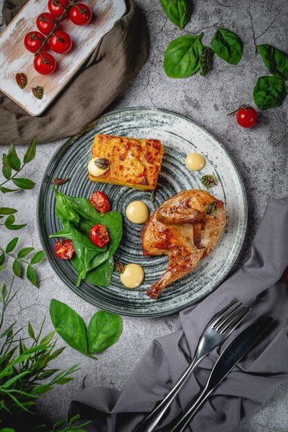 Pollo fritto al tabacco con lasagne, spinaci e pomodoro in un piatto su un tavolo di pietra grigia. menù ristorante