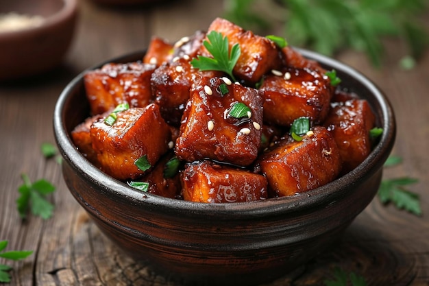 Fried tofu in a bowl with sesame