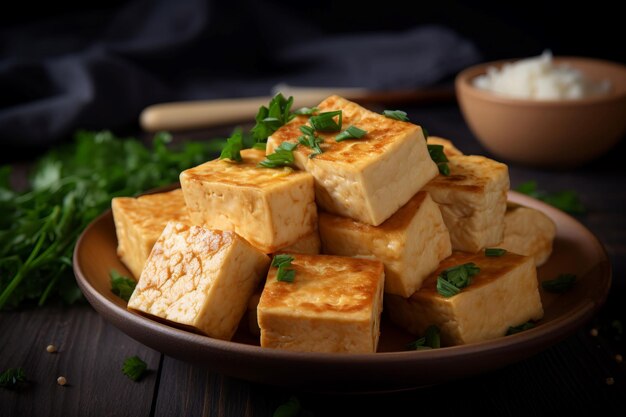 Foto tofu fritto decorato con erbe verdi piatto vegetariano prodotto di soia pezzi arrostiti sul piatto generare ai