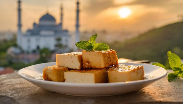 Photo fried tofu on the plate at the table